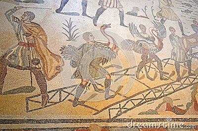 Ostriches on The Great Hunt Mosaic Villa Romana del Casale Sicily, Italy Editorial Stock Photo