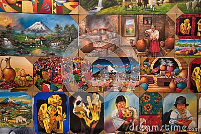 Colourful indigenous paintings in Otavalo Ecuador Editorial Stock Photo