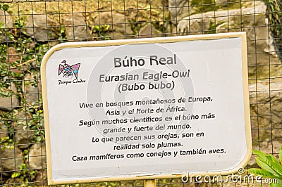 OTAVALO, ECUADOR - MAY 29, 2018: Outdoor view of informative sign of Eurasian eagle owl, Bubo bubo at Condor Park in Editorial Stock Photo