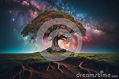 Otherworldly Arboreal Oasis: HD Wallpaper Showcasing Rooted Tree in Cosmic Ambiance Stock Photo