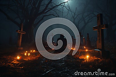 Otherworldly devotion Praying in a spooky forests haunting graveyard scene Stock Photo