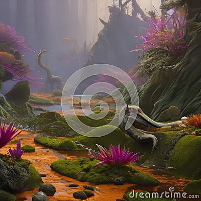 An otherworldly landscape of alien flora and fauna, with strange creatures lurking in the shadows5, Generative AI Stock Photo