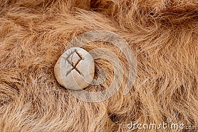 Othila or Othial Nordic stone rune on animal fur. Letter Ethel of the Viking alphabet Stock Photo