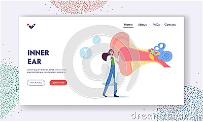 Ear Pain, Tinnitus Disease Treatment Landing Page Template. Tiny Doctor Audiologist with Instrument Check Huge Sick Ear Vector Illustration