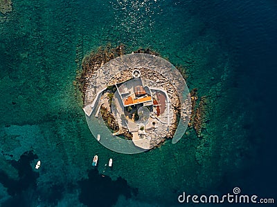 Otocic Gospa Island near Mamula Island. Montenegro. Drone Stock Photo