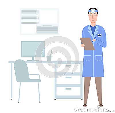 Otolaryngologist with clipboard. Doctor, physician, therapist portrait. Man working in a hospital Vector Illustration