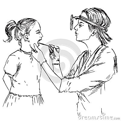 The otolaryngologist examines a throat tonsils of the girl, hand drawn doodle, sketch Vector Illustration