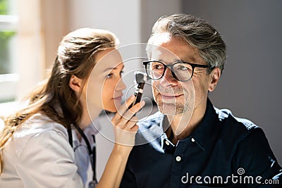 Otolaryngology Ear Check Using Otoscope Stock Photo