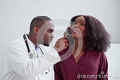 Otolaryngology Ear Check Using Otoscope Stock Photo