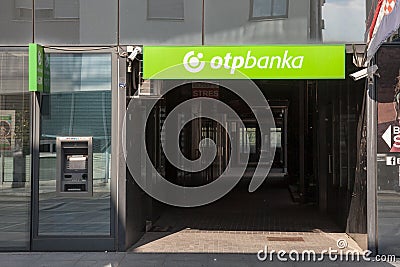OTP Bank OTP Banka logo on their main office for Vukovar. OTP Bank Group is one of the largest Hungarian banks Editorial Stock Photo
