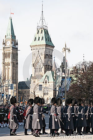 Ceremonial Guard of the Governor General Foot Guards of Canada, parading during remembrance day in front of Canadian Parliament Editorial Stock Photo