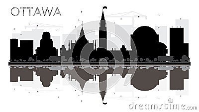 Ottawa City skyline black and white silhouette with reflections. Cartoon Illustration