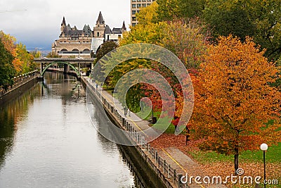 Fall foliage in Ottawa, Ontario, Canada. Rideau Canal Pathway autumn leaves scenery. Editorial Stock Photo