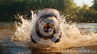 Hyper-realistic Otter Jumping In Water: Unreal Engine 5 Portraiture Stock Photo