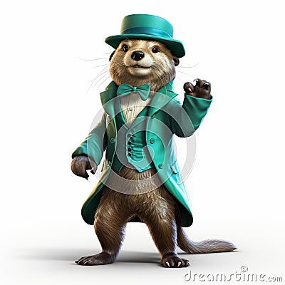 Anthropomorphic Otter In Green Suit: Hiperrealistic Cartoon 3d Render Stock Photo