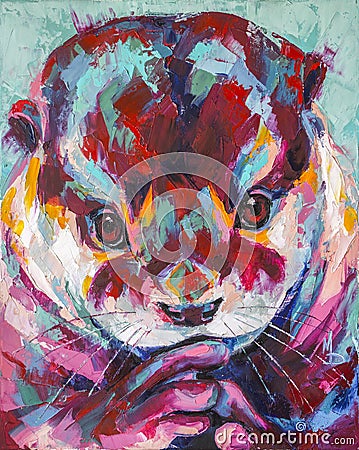 Otter portrait painting in multicolored tones. Conceptual abstract painting of a Otter muzzle. Closeup of a painting by Stock Photo