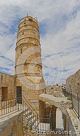 Ottoman minaret in the Tower of David courtyard in Jerusalem Editorial Stock Photo