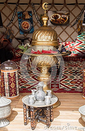 Ottoman style silver and copper utensils on display Editorial Stock Photo