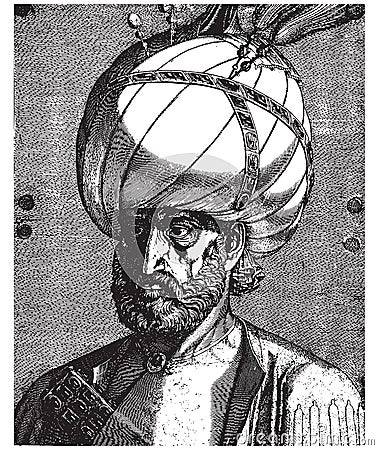 Ottoman Sultan Suleiman the Magnificent portrait, vintage engraving Vector Illustration