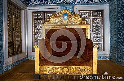 Fatih, Istanbul, Turkey - 04.05.2021: ornaments of Turkish throne of Ottoman sultans displayed in Topkapi Palace Museum Editorial Stock Photo