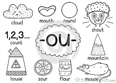 Ou digraph spelling rule black and white activity page for kids with words Vector Illustration