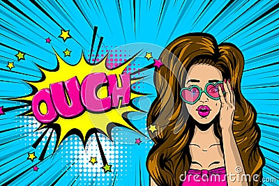 Ouch brunette girl in glasses Vector Illustration