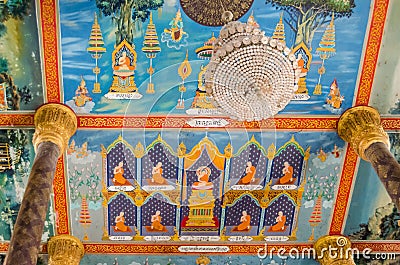 Ceiling paintings in the Main temple of the Vipassana Dhura Buddhist Meditation Center in Oudong Editorial Stock Photo
