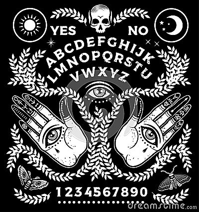 Ouija Board With Hands. Occultism Set. Vector Illustration. Vector Illustration