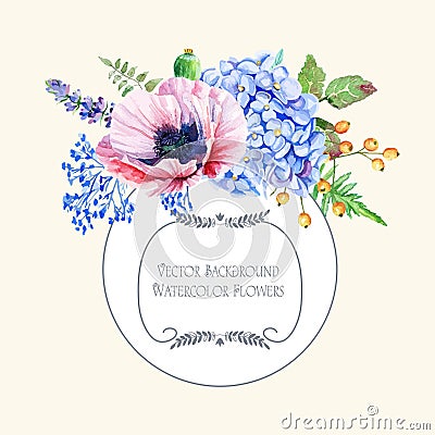 Ound frame of watercolor poppies and hydrangea. Vector Illustration