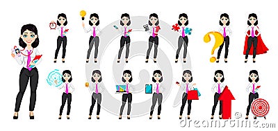 Oung beautiful business woman, set of fifteen poses. Vector Illustration