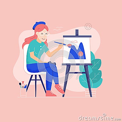 Oung Woman Painter Drawing Picture on Canvas Vector Illustration