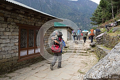 Ountaineers and porters trek to Sagarmatha National Park Editorial Stock Photo
