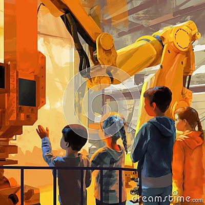 A oup of school children observing a robotic arm move objects in a simulated factory environment.. AI generation Stock Photo