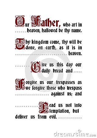 The Our Father prayer. Traditional christian catholic prayer text. Vector Illustration