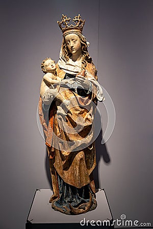 Our Lady on the crescent moon, Madonna with child around 1490 ,medieval statue, madonna, masterpiece, Wuerth Collection, Germany Editorial Stock Photo