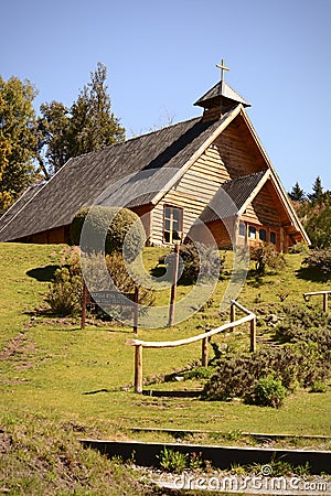 Our Lady of Villa Traful Catholic Chapel. mountain chapel Stock Photo