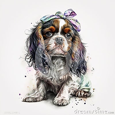 Charming Cavalier King Charles Spaniel Puppies with Glasses AI Generated Cartoon Illustration
