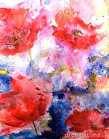 Floral painted abstract loose watercolour poppy painting illustration with background Ink and watercolor painting. Cartoon Illustration