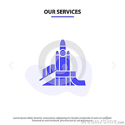Our Services Bomb, Games, Nuclear, Playground, Political Solid Glyph Icon Web card Template Vector Illustration