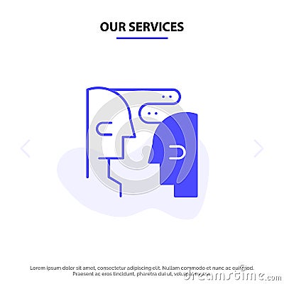Our Services Brain, Communication, Human, Interaction Solid Glyph Icon Web card Template Vector Illustration