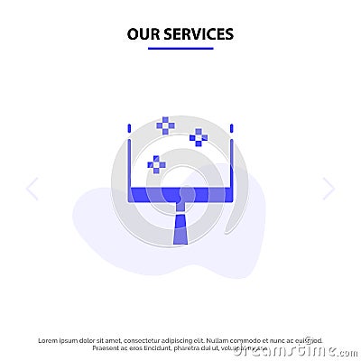 Our Services Broom, Dustpan, Sweep Solid Glyph Icon Web card Template Vector Illustration
