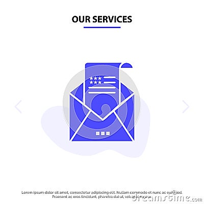 Our Services Email, Envelope, Greeting, Invitation, Mail Solid Glyph Icon Web card Template Vector Illustration