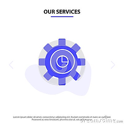 Our Services Graph, Marketing, Gear, Setting Solid Glyph Icon Web card Template Vector Illustration