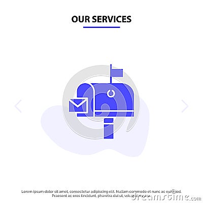 Our Services Mail, Post, Mailbox, Post office Solid Glyph Icon Web card Template Vector Illustration