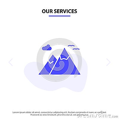 Our Services Mountains, Nature, Scenery, Travel Solid Glyph Icon Web card Template Vector Illustration