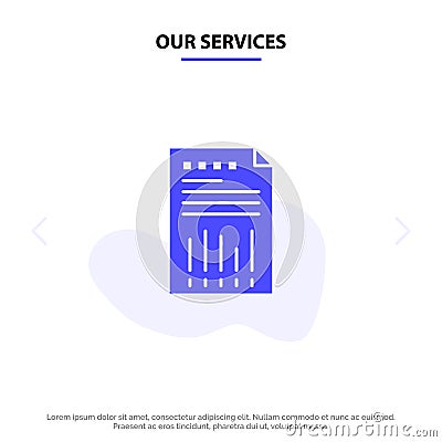 Our Services Spreadsheet, Business, Data, Financial, Graph, Paper, Report Solid Glyph Icon Web card Template Vector Illustration