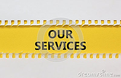Our services symbol. White and yellow paper with words `Our services`. Beautiful yellow background. Business and our services Stock Photo