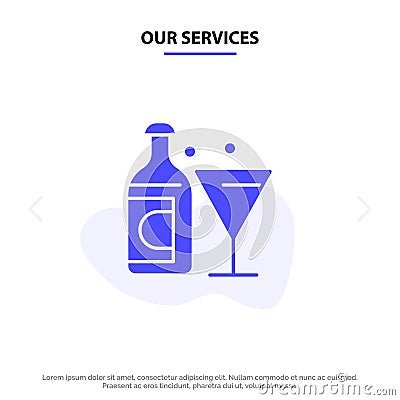 Our Services Wine, Glass, Bottle, Easter Solid Glyph Icon Web card Template Vector Illustration