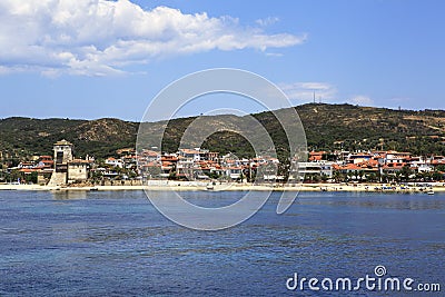 Ouranoupoli on coast of Athos in Greece. Stock Photo