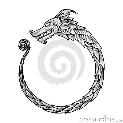 Ouroboros Infinity Symbol - Dragon woodcut style Vector Illustration